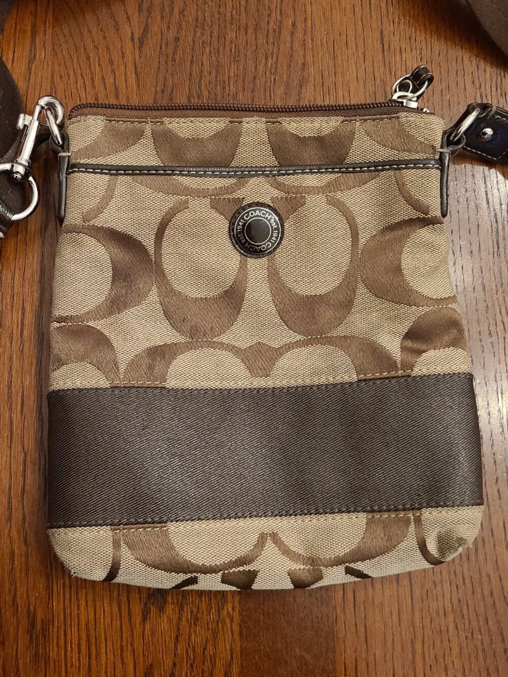 Coach Khaki and Brown Jacquard Signature Swingpack Kitt Crossbody Bag